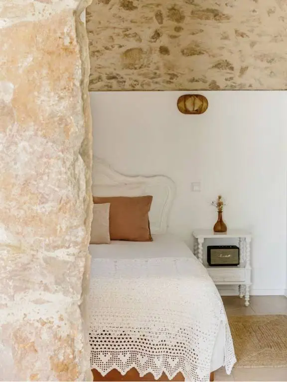 Interior of Bedroom and Stone wall 