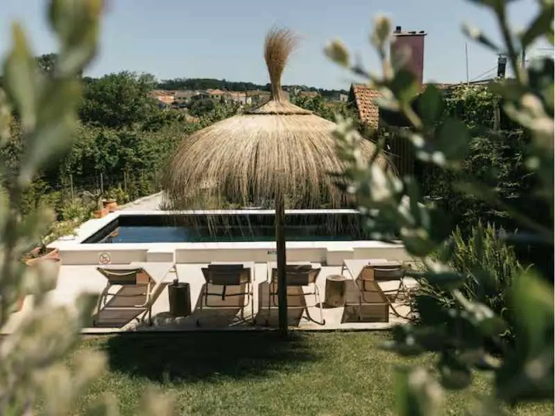 Shared pool terrace with loungers and countryside views through foliage