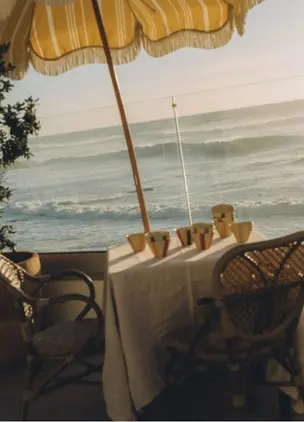 Close-up of plated seafood dish with lemon and herbs by the water