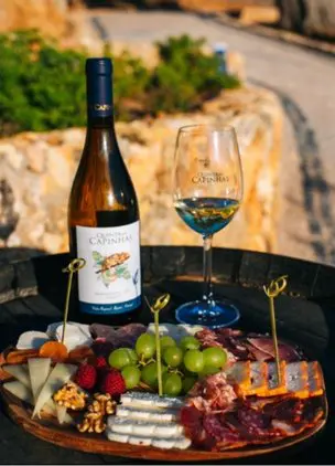 Wine Bottle and Wine Glass with Plate of Food 