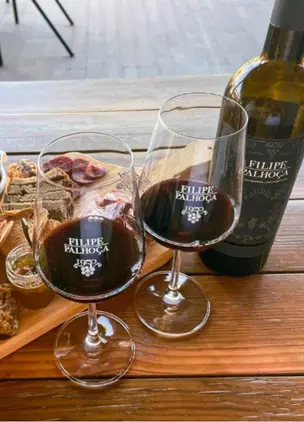 Red wine tasting setup with glasses, bottle, and charcuterie board