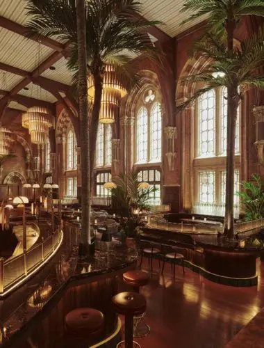 Booking Office 1869 bar at St Pancras hotel London with Gothic arched windows