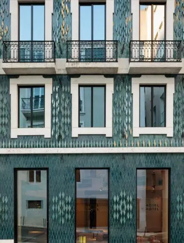 Hotel Hotel exterior facade in Príncipe Real Lisbon with teal diamond tiling