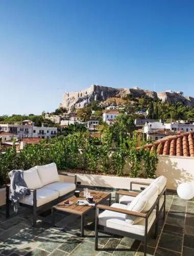 Private terrace with Acropolis views at A77 Suites, one of the most charming hotels in Plaka Athens