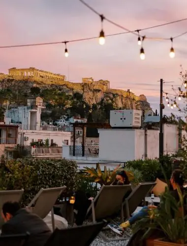 Rooftop terrace with Acropolis views at Ergon House Athens, one of the best hotels with Acropolis views in Athens