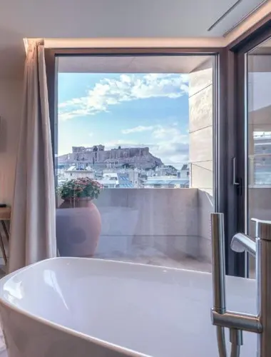 Modern bathroom suite overlooking the Acropolis at Niche Hotel Athens, one of the top hotels with Acropolis views in Athens